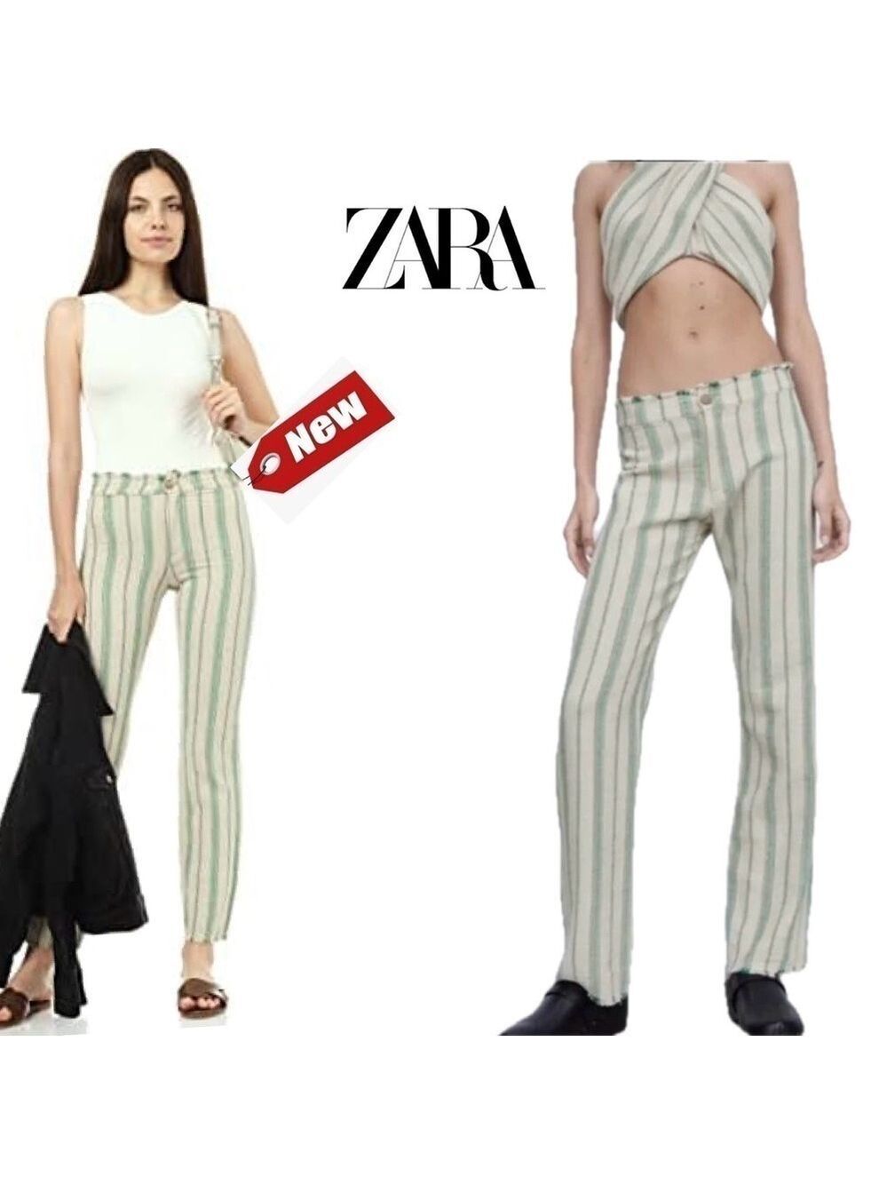 Zara tan beige green striped rustic boho The Beth Pant Sz L NWT high rise